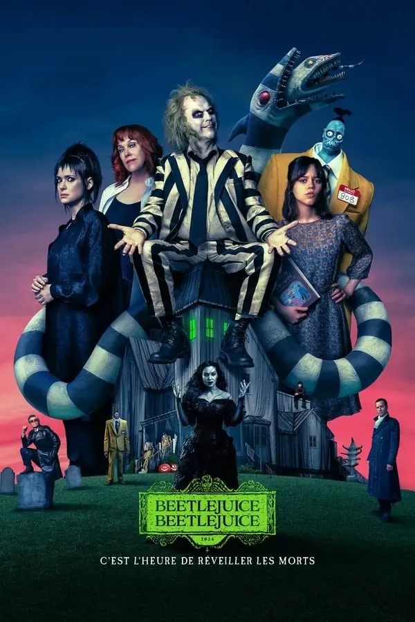 Film poster van Beetlejuice met de hoofdpersonages in een kleurrijke, surrealistische setting, bekeken via IPTV Nederland